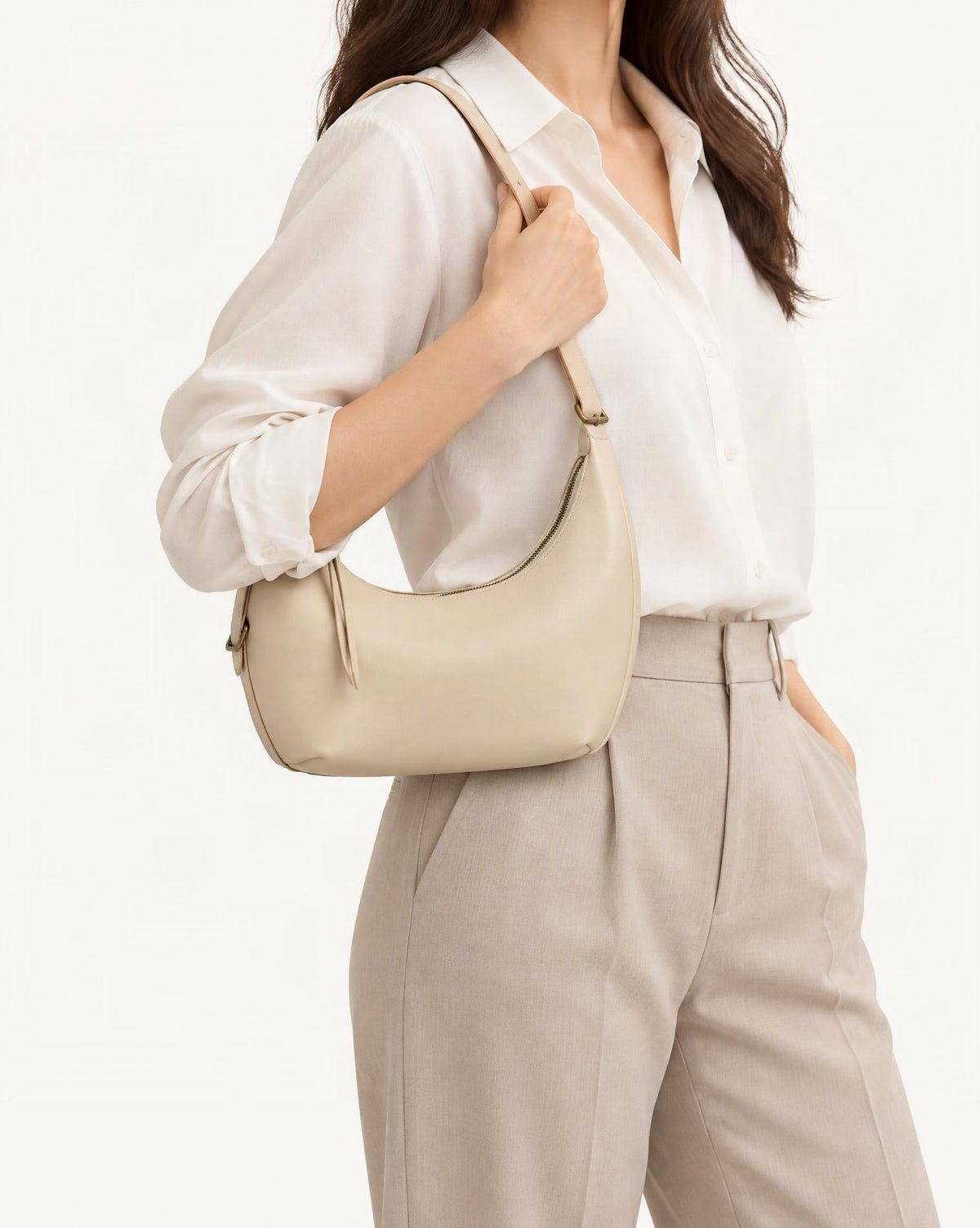 Cowhide Crescent Shoulder Bag worn crossbody