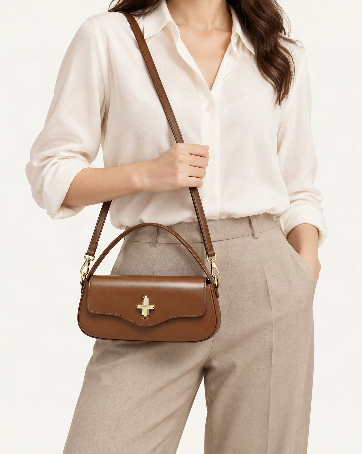 Cowhide Leather Baguette Crossbody Shoulder Top Handle worn crossbody