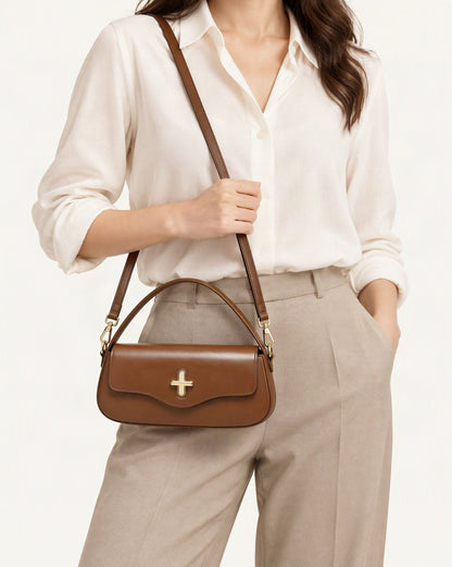 Cowhide Leather Baguette Crossbody Shoulder Top Handle worn crossbody