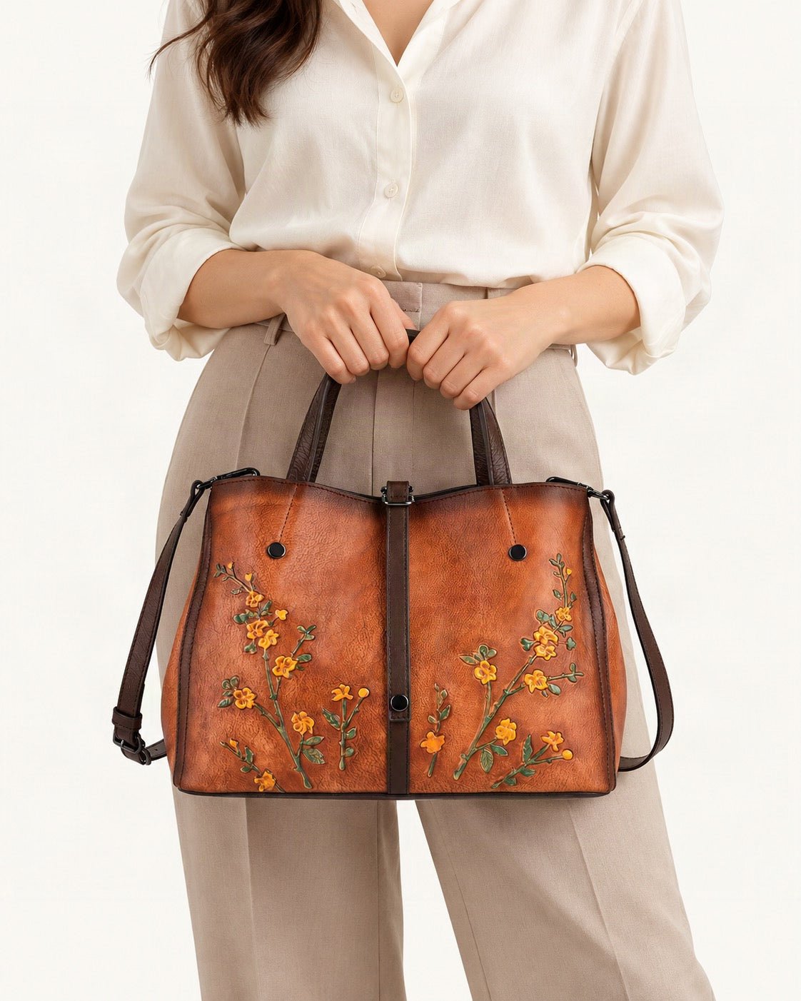 Cowhide Small Tote Bag worn crossbody