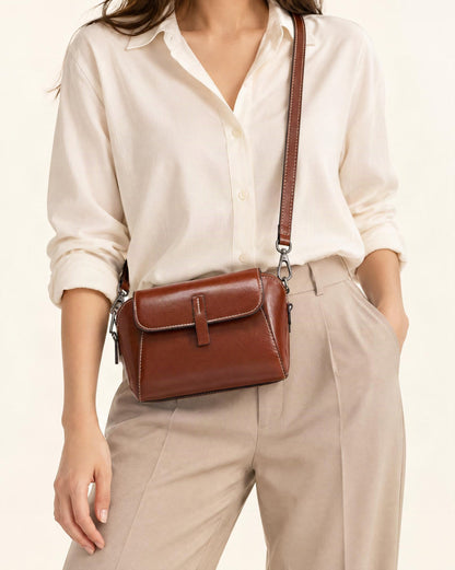 Cowhide Oil-Wax Leather Small Crossbody Bag worn crossbody