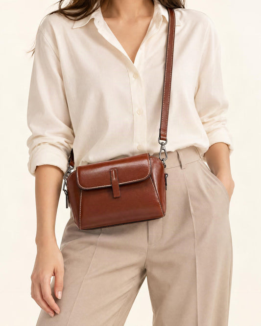 Cowhide Oil-Wax Leather Small Crossbody Bag worn crossbody