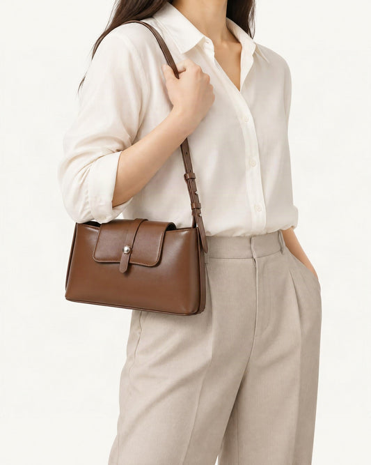 Cowhide Leather Envelope Shoulder Bag with Adjustable Strap worn crossbody