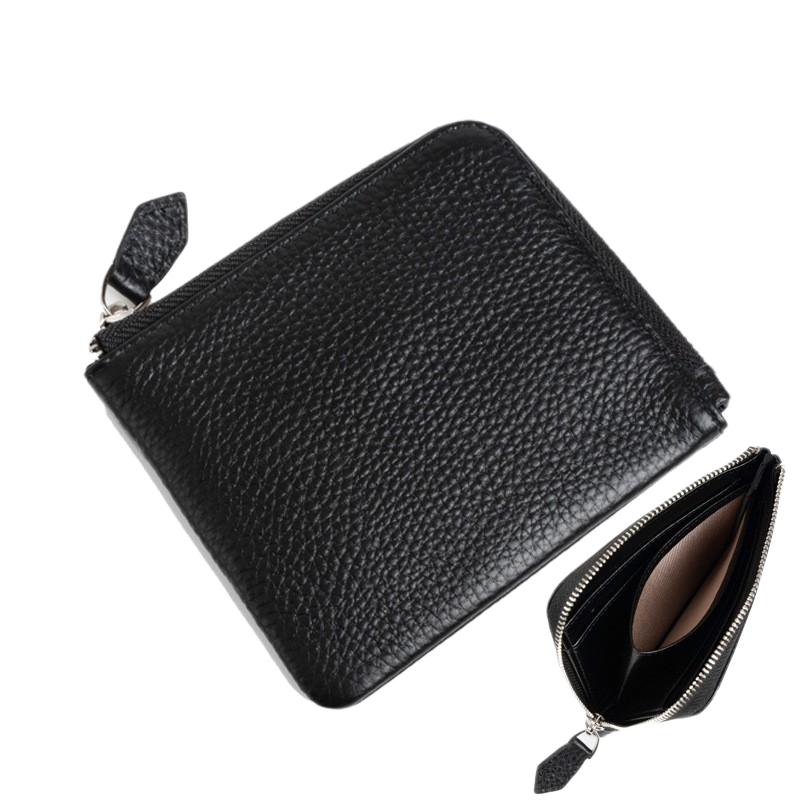 RFID-blocking carbon black leather wallet with zip coin pocket detail