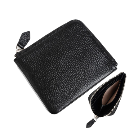 RFID-blocking carbon black leather wallet with zip coin pocket detail