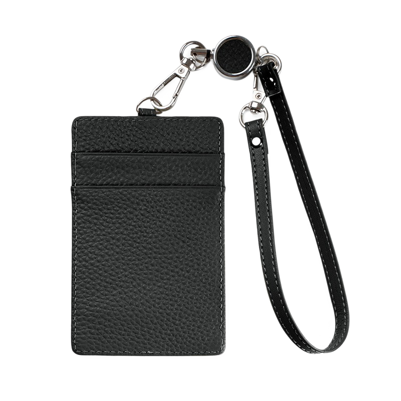 Black leather ID badge holder with wrist strap on white background