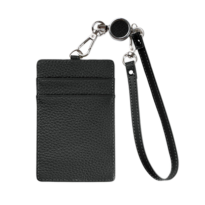 Black leather ID badge holder with wrist strap on white background