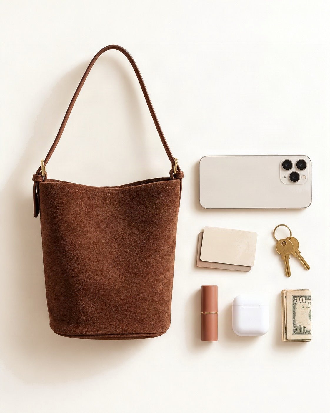 What fits in the Suede Cowhide Bucket Shoulder Bag: a 6.9-inch phone (iPhone 16 Pro Max), cards, keys, a lipstick, AirPods in their case, folded notes