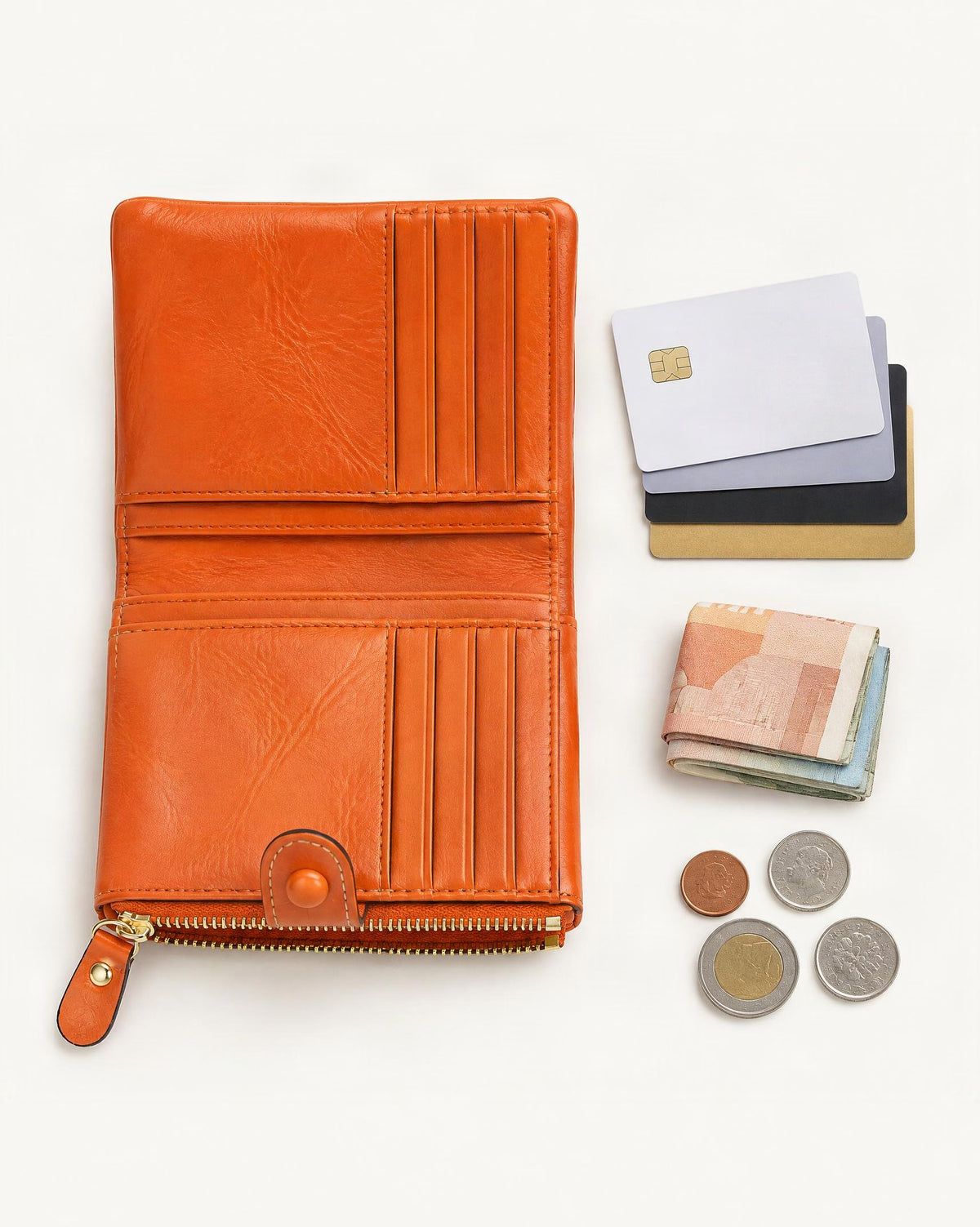 What fits in the Cowhide Leather Short Wallet 12 Card Slots Zip Coin: cards, a few banknotes folded over into a small stack, no complete flat bill face showing, coins