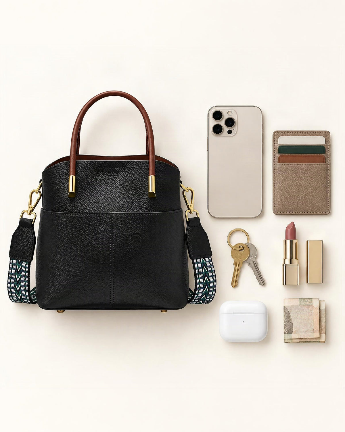 What fits in the Cowhide Leather Bucket Bag with Woven Strap: smartphone up to 6.9 in, cards, keys, a lipstick, airpods in their case, a few banknotes folded over into a small stack, no complete flat bill face showing