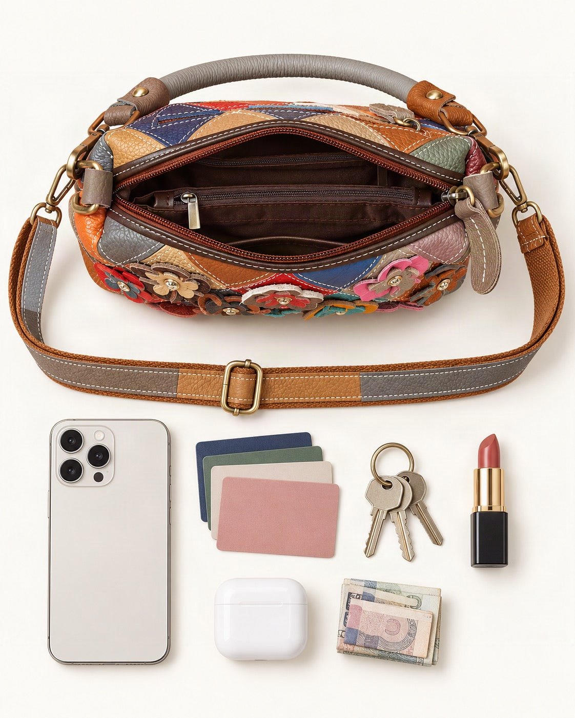What fits in the Top-Grain Cowhide Small Crossbody Bag – Color Options: smartphone up to 6.3 in, cards, keys, a lipstick, airpods in their case, a few banknotes folded over into a small stack, no complete flat bill face showing