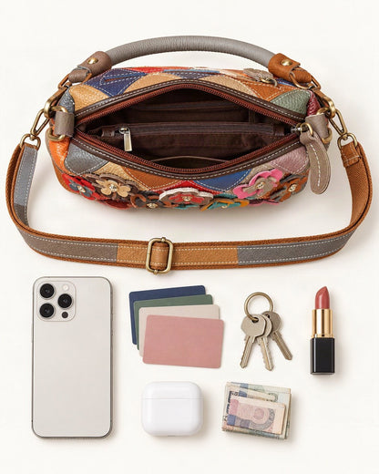 What fits in the Top-Grain Cowhide Small Crossbody Bag – Color Options: smartphone up to 6.3 in, cards, keys, a lipstick, airpods in their case, a few banknotes folded over into a small stack, no complete flat bill face showing