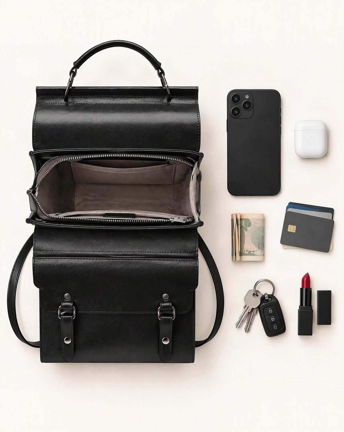 What fits in the Cowhide Leather Small Backpack with Buckle Flap: smartphone up to 6.9 in, cards, keys, a lipstick, airpods in their case, a few banknotes folded over into a small stack, no complete flat bill face showing
