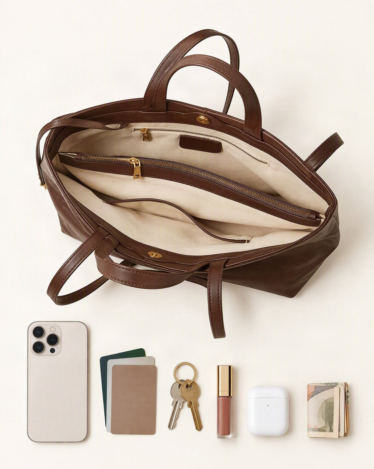 What fits in the Cowhide Leather Tote Bag with Crossbody Strap: smartphone up to 6.9 in, cards, keys, a lipstick, airpods in their case, a few banknotes folded over into a small stack, no complete flat bill face showing