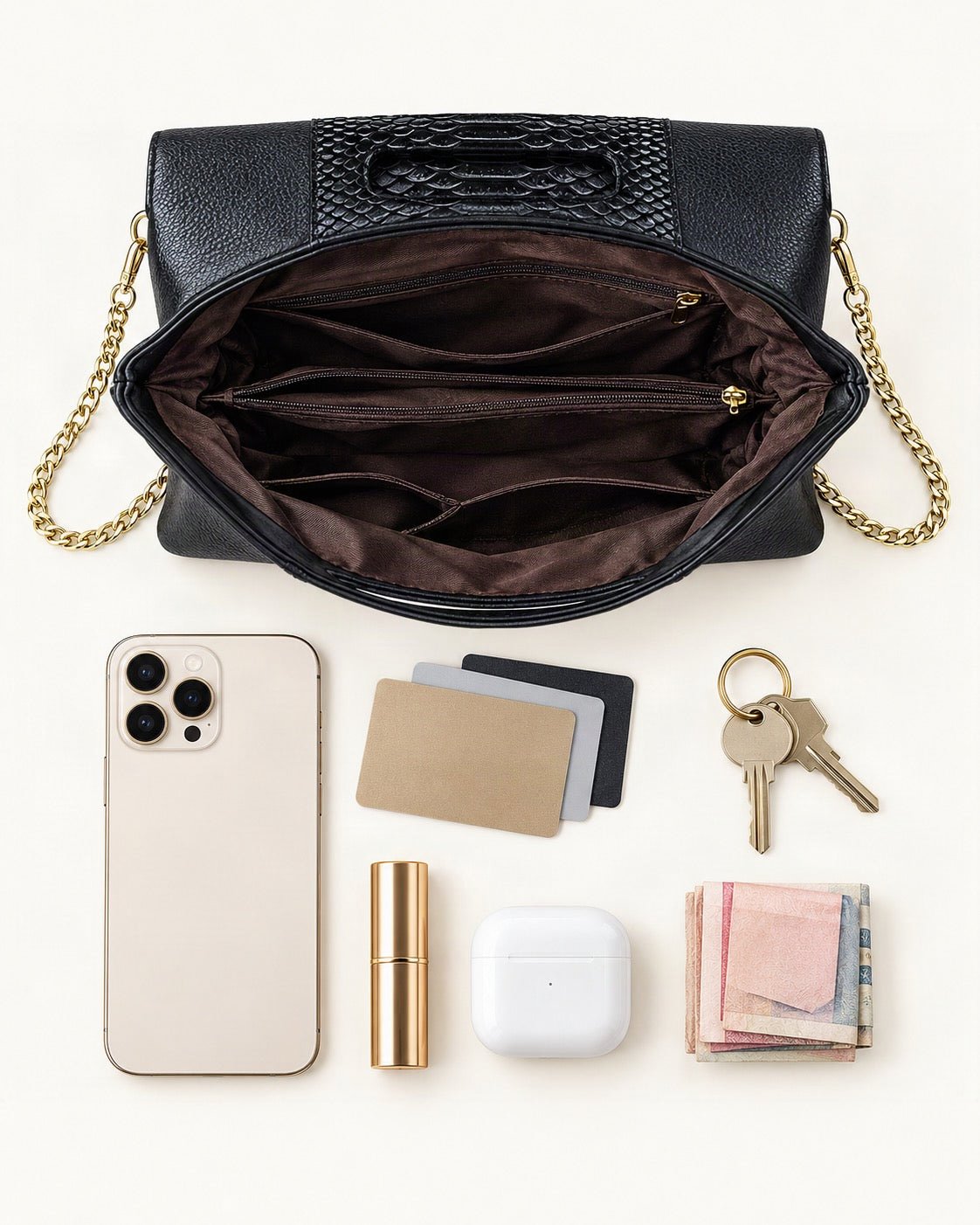 What fits in the Top-Grain Cowhide Envelope Clutch: smartphone up to 6.9 in, cards, keys, a lipstick, airpods in their case, a few banknotes folded over into a small stack, no complete flat bill face showing