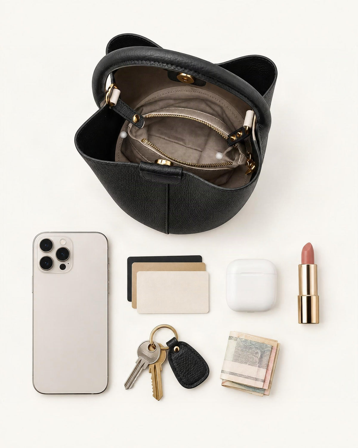 What fits in the Top-Grain Cowhide Mini Bucket Bag: smartphone up to 6.9 in, cards, keys, a lipstick, airpods in their case, a few banknotes folded over into a small stack, no complete flat bill face showing