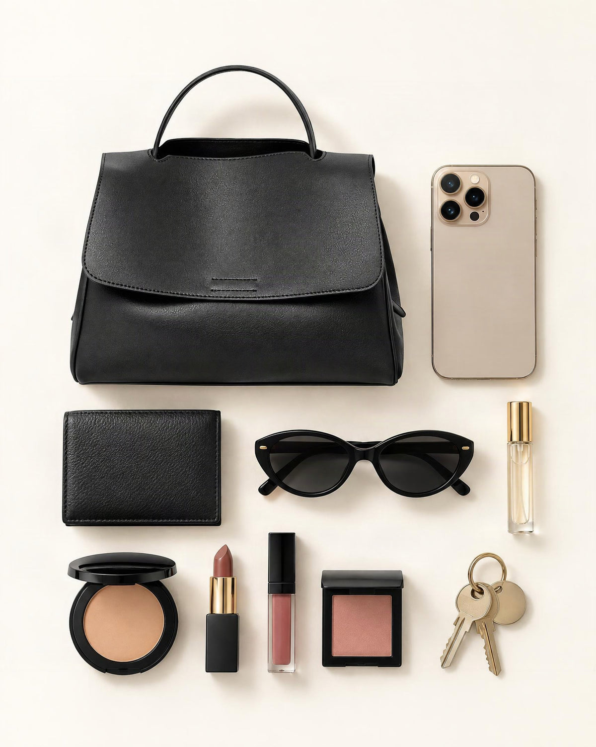 What fits in the Cowhide Leather Mini Top-Handle Crossbody Bag: smartphone up to 6.9 in, a wallet, sunglasses, makeup essentials, a 10 ml travel perfume, keys