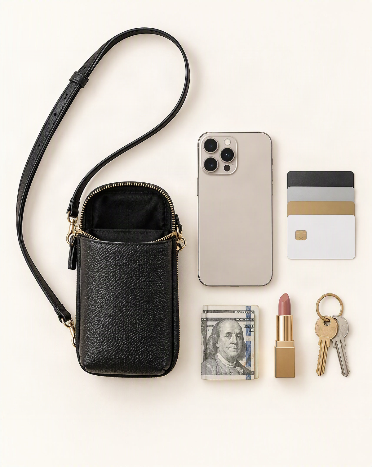 What fits in the Cowhide Leather Micro Crossbody Phone Bag: a 6.9-inch phone (iphone 16 pro max), cards, a few banknotes folded over into a small stack, no complete flat bill face showing, a lipstick, keys