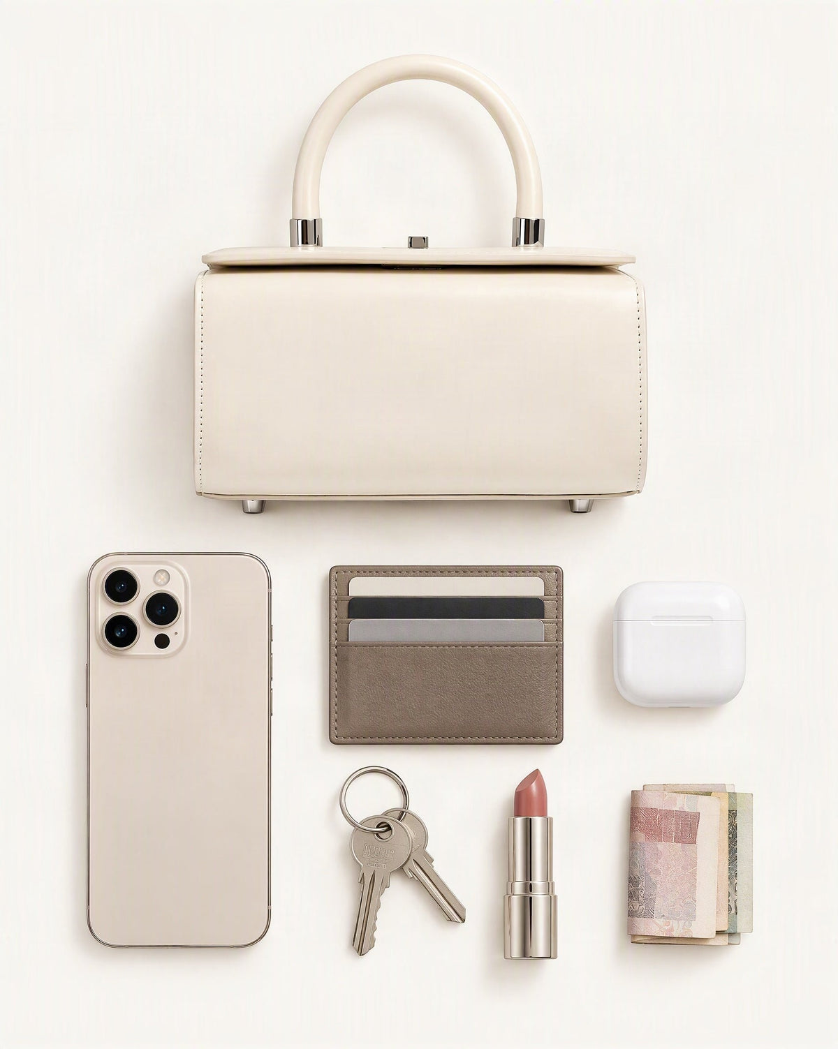 What fits in the Cowhide Leather Box Handbag: smartphone up to 6.9 in, cards, keys, a lipstick, airpods in their case, a few banknotes folded over into a small stack, no complete flat bill face showing