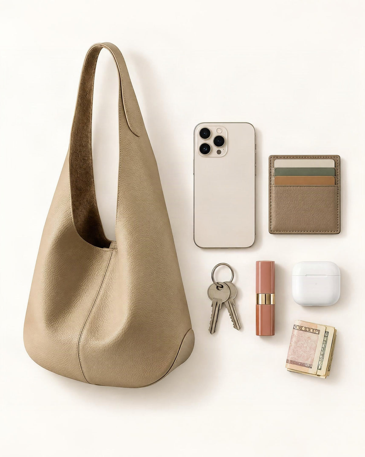 What fits in the Cowhide Leather Small Bucket Tote Shoulder Bag: smartphone up to 6.9 in, cards, keys, a lipstick, airpods in their case, a few banknotes folded over into a small stack, no complete flat bill face showing
