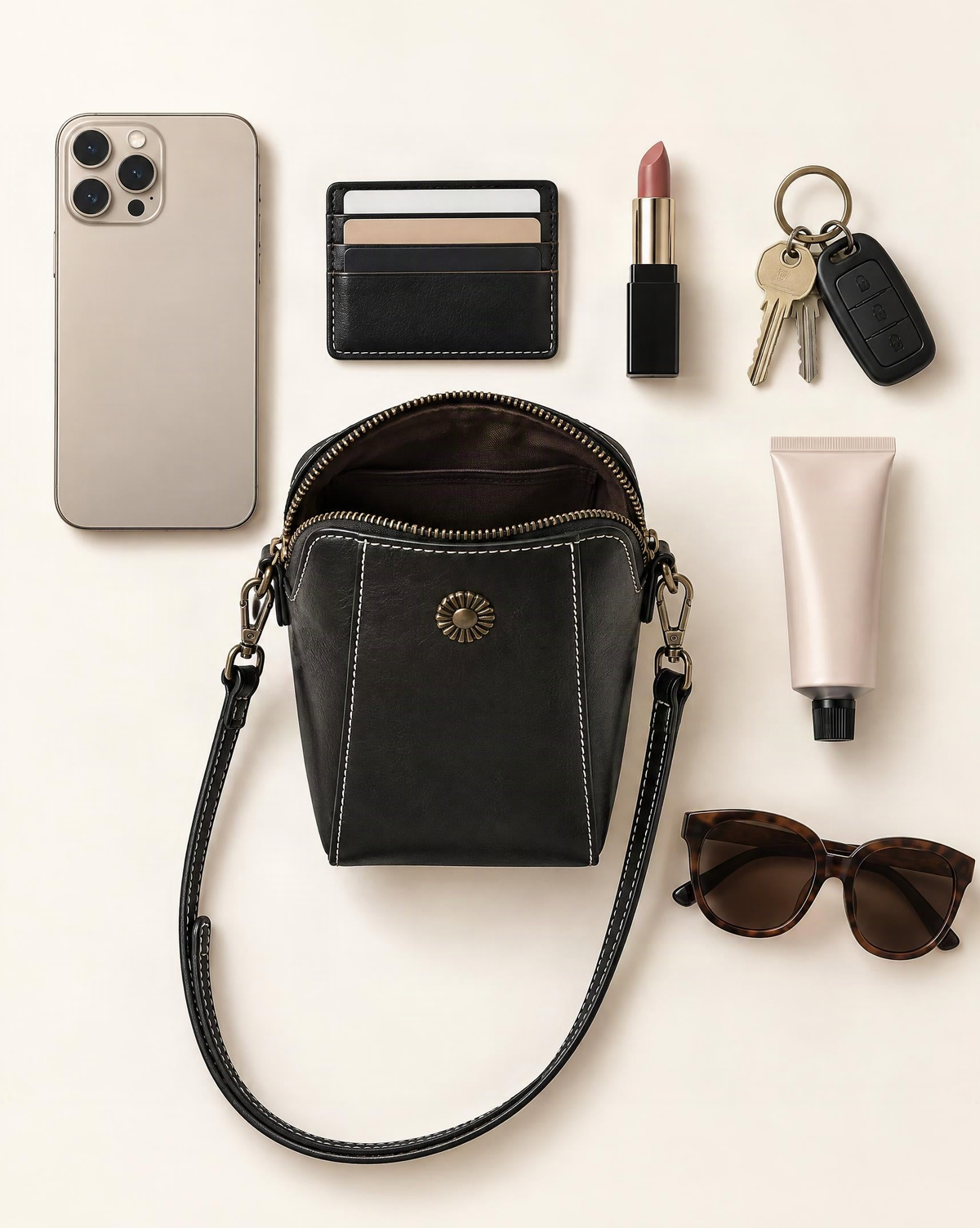 What fits in the Cowhide Leather Micro Crossbody Phone Bag with Zip Closure: a 6.9-inch phone (iphone 16 pro max), cards, a lipstick, keys, a 50 ml hand cream, sunglasses