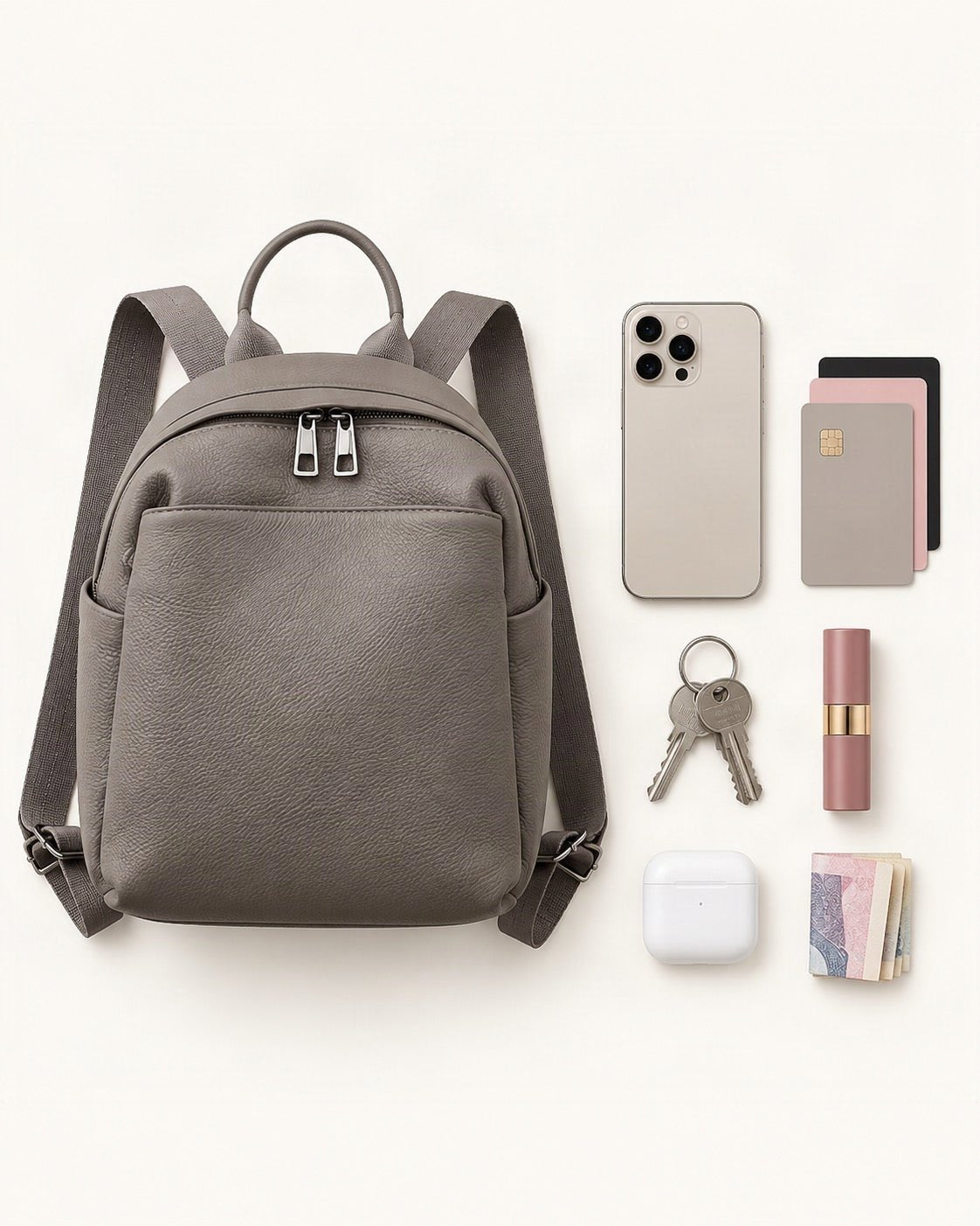 What fits in the Top-Grain Cowhide Small Backpack – Color Options: smartphone up to 6.9 in, cards, keys, a lipstick, airpods in their case, a few banknotes folded over into a small stack, no complete flat bill face showing