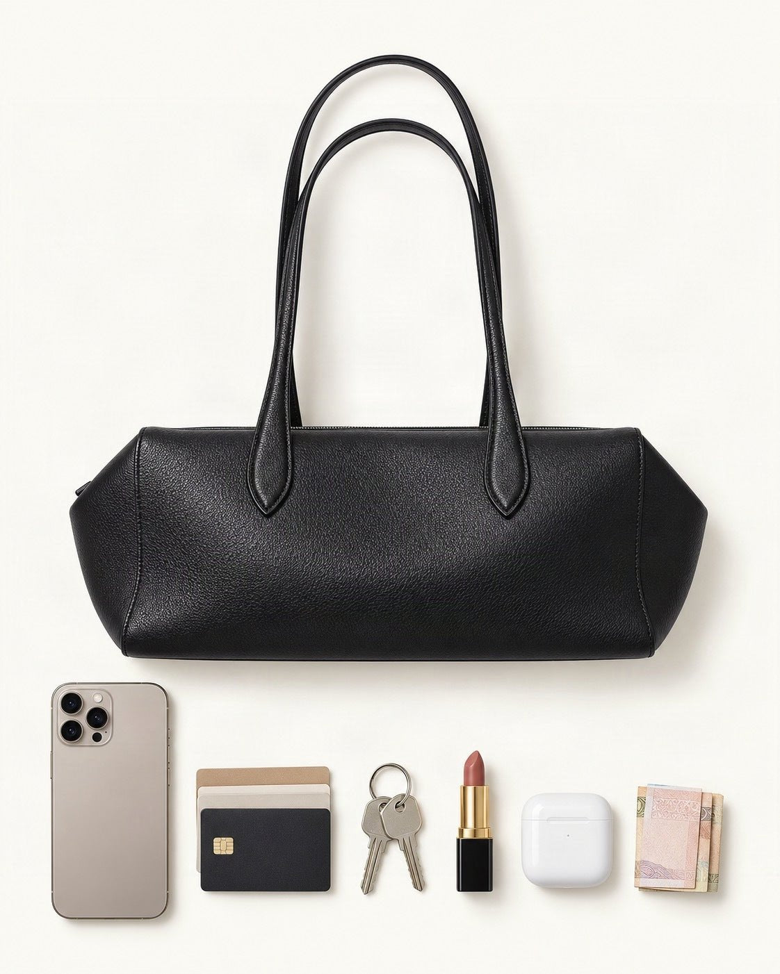 What fits in the Top-Grain Cowhide Small Plus Shoulder Tote Bag: a 6.9-inch phone (iPhone 16 Pro Max), cards, keys, a lipstick, AirPods in their case, folded notes