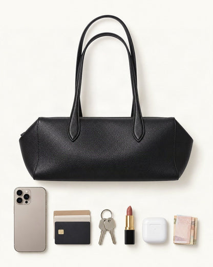 What fits in the Top-Grain Cowhide Small Plus Shoulder Tote Bag: a 6.9-inch phone (iPhone 16 Pro Max), cards, keys, a lipstick, AirPods in their case, folded notes