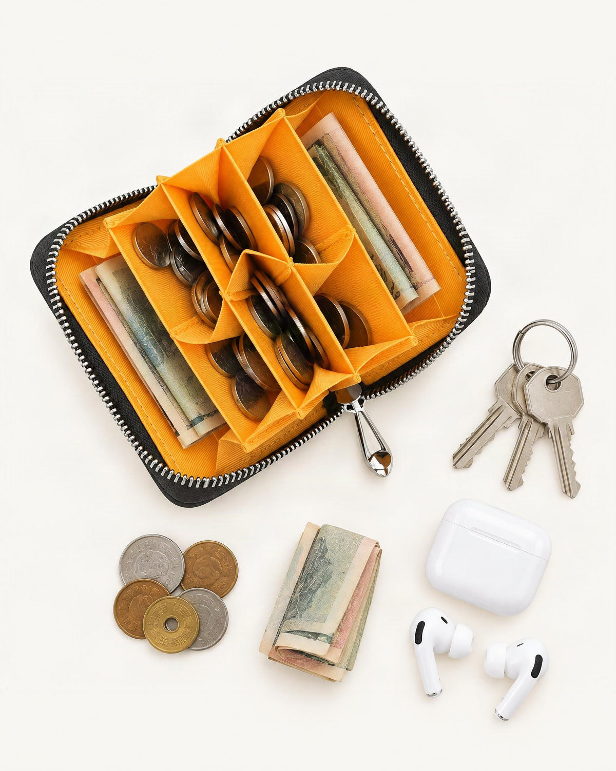 What fits in the Genuine Leather Coin Purse with RFID Blocking Card Slots: keys, coins, a few banknotes folded over into a small stack, no complete flat bill face showing, earbuds