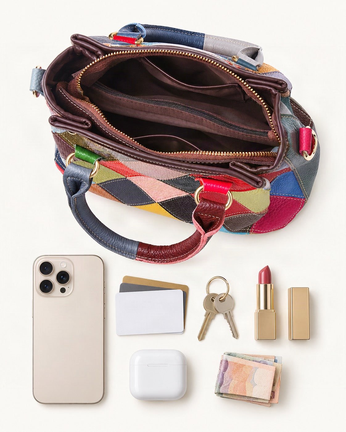 What fits in the Top-Grain Cowhide Quilted Shoulder Bag: smartphone up to 6.9 in, cards, keys, a lipstick, airpods in their case, a few banknotes folded over into a small stack, no complete flat bill face showing