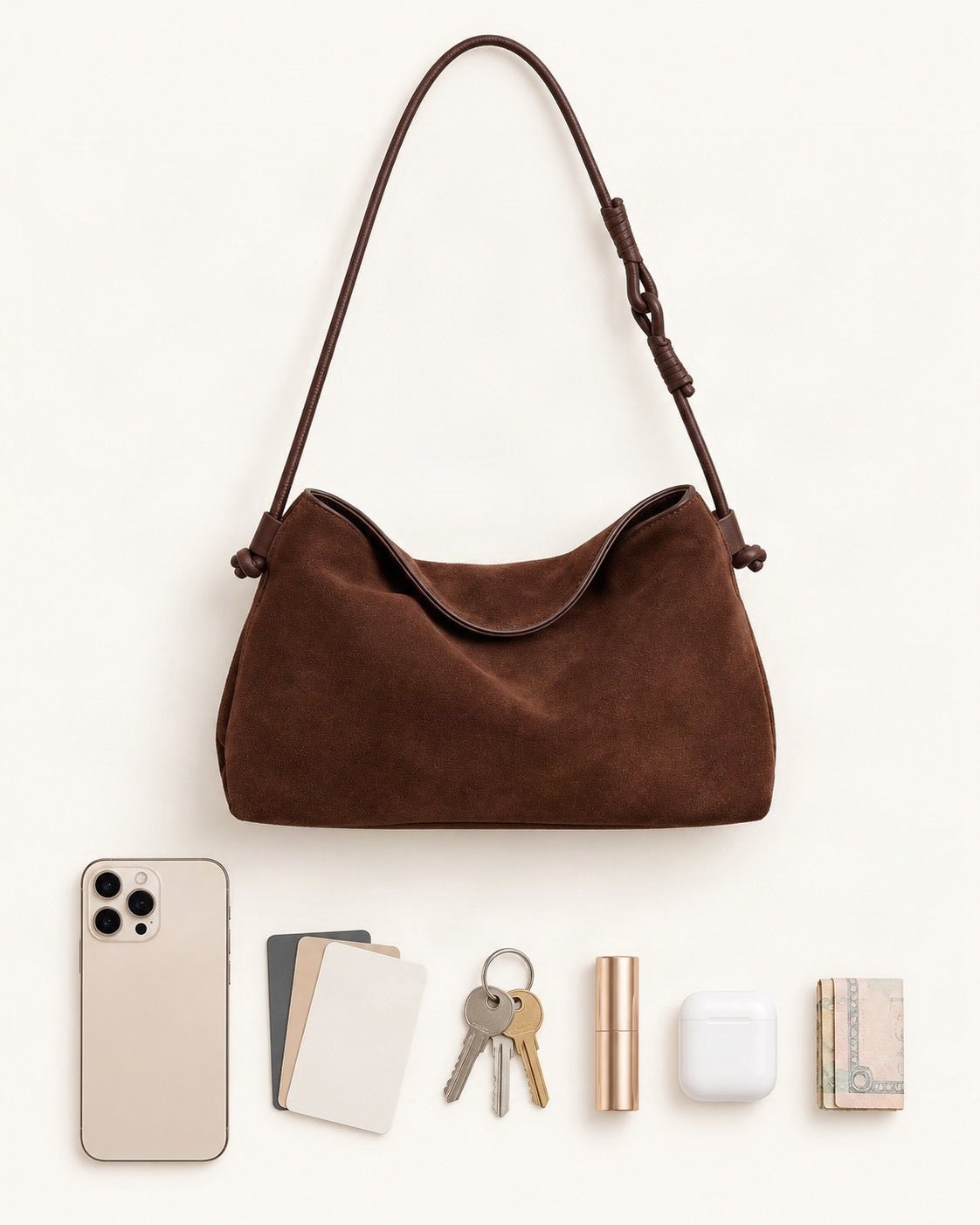 What fits in the Suede Cowhide Shoulder Crossbody Bag: a 6.9-inch phone (iPhone 16 Pro Max), cards, keys, a lipstick, AirPods in their case, folded notes