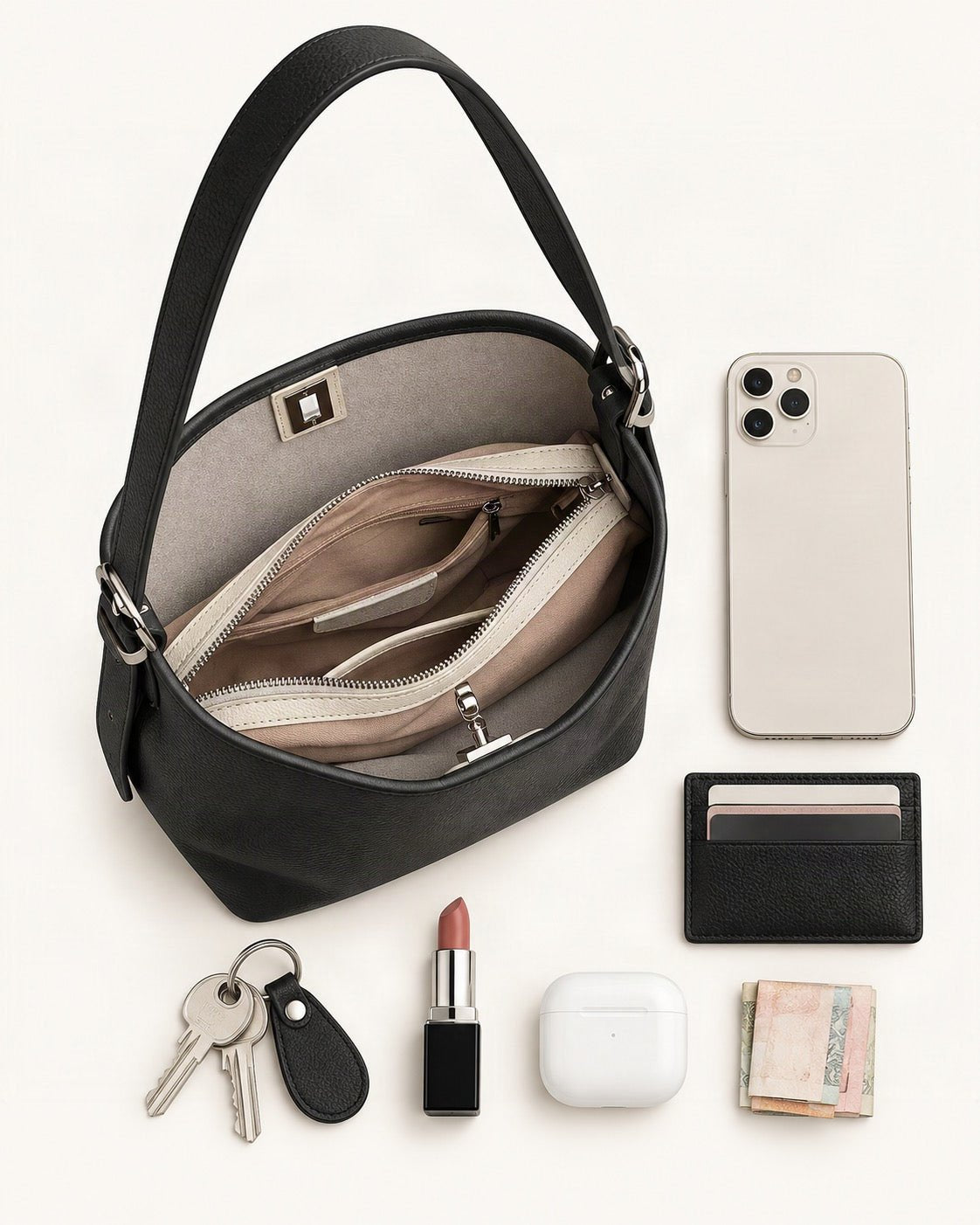 What fits in the Top-Grain Cowhide Leather Bucket Bag, 7.9 x 9.1 x 4.7 in: smartphone up to 6.9 in, cards, keys, a lipstick, airpods in their case, a few banknotes folded over into a small stack, no complete flat bill face showing