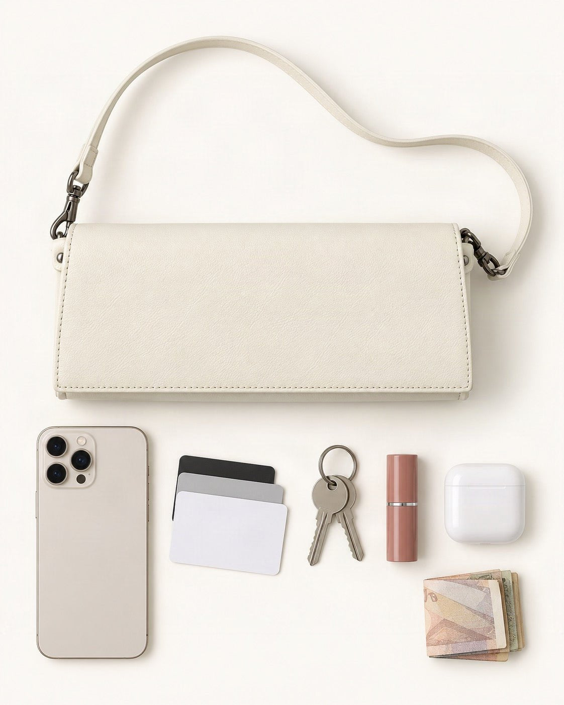 What fits in the Top-Grain Cowhide Flap Shoulder Bag: smartphone up to 6.9 in, cards, keys, a lipstick, airpods in their case, a few banknotes folded over into a small stack, no complete flat bill face showing