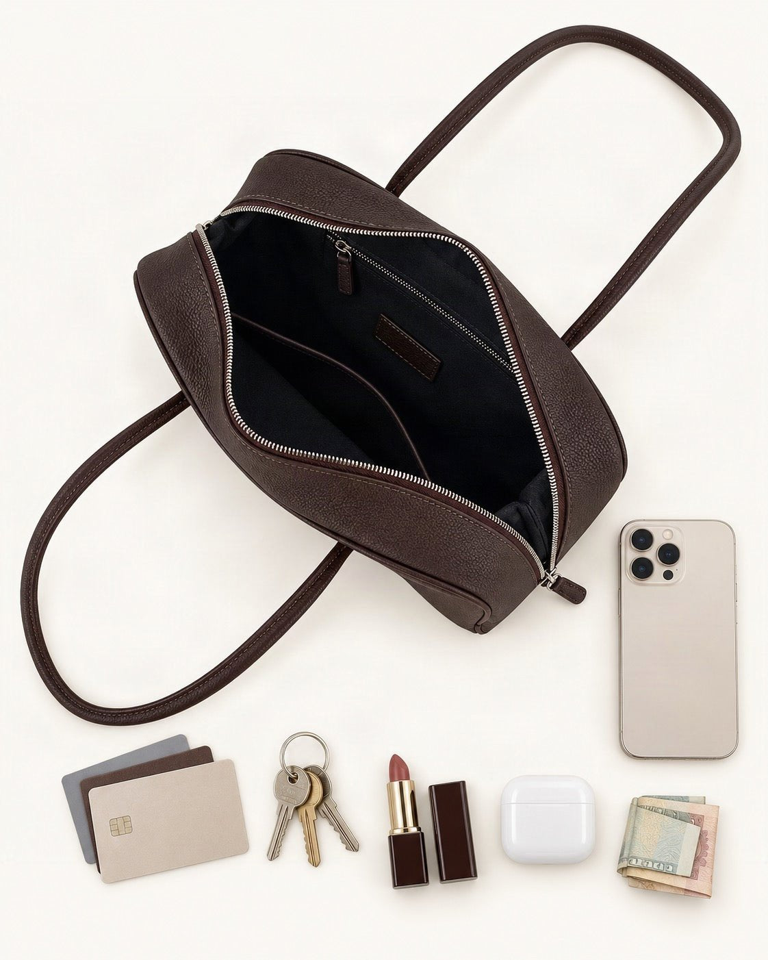 What fits in the Top-Grain Cowhide Boston Shoulder Bag: smartphone up to 6.9 in, cards, keys, a lipstick, airpods in their case, a few banknotes folded over into a small stack, no complete flat bill face showing