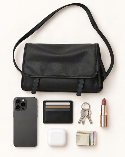 What fits in the Cowhide Leather Messenger Crossbody Bag: smartphone up to 6.9 in, cards, keys, a lipstick, airpods in their case, a few banknotes folded over into a small stack, no complete flat bill face showing