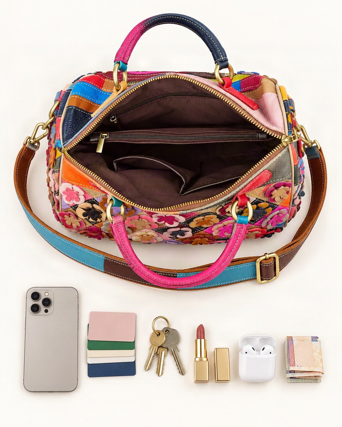 What fits in the Top-Grain Cowhide Small Plus Boston Crossbody Bag: smartphone up to 6.9 in, cards, keys, a lipstick, airpods in their case, a few banknotes folded over into a small stack, no complete flat bill face showing