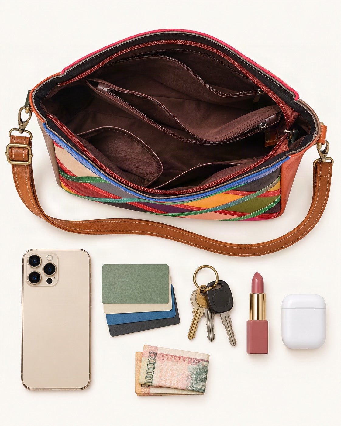 What fits in the Top-Grain Cowhide Patchwork Crossbody Bag: smartphone up to 6.9 in, cards, keys, a lipstick, airpods in their case, a few banknotes folded over into a small stack, no complete flat bill face showing