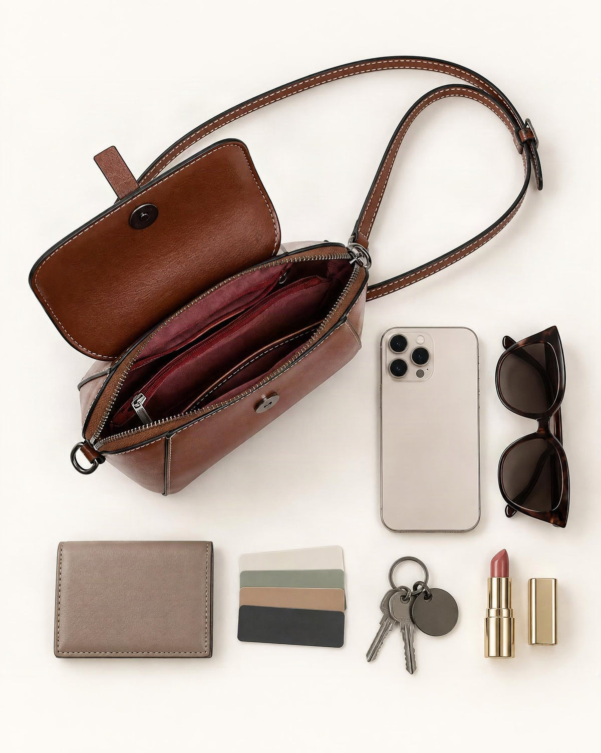 What fits in the Cowhide Leather Small Crossbody Bag: smartphone up to 6.9 in, sunglasses, a slim wallet, cards, keys, a lipstick