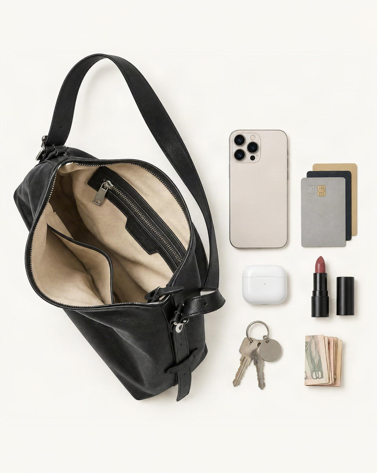 What fits in the Leather Small Plus Shoulder Bag: smartphone up to 6.9 in, cards, keys, a lipstick, airpods in their case, a few banknotes folded over into a small stack, no complete flat bill face showing