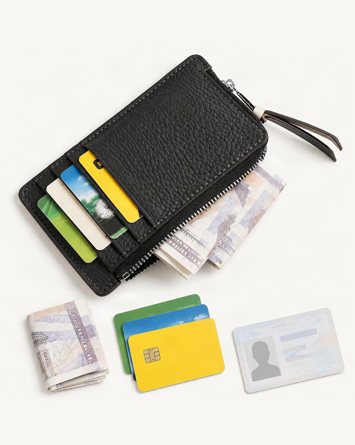 What fits in the Cowhide Mini Card Holder Wallet w Zip Coin Pocket: cards, a few banknotes folded over into a small stack, no complete flat bill face showing, an id card