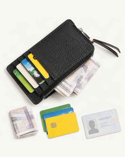 What fits in the Cowhide Mini Card Holder Wallet w Zip Coin Pocket: cards, a few banknotes folded over into a small stack, no complete flat bill face showing, an id card