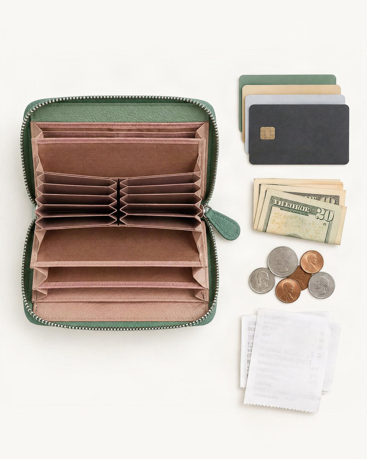 What fits in the Leather Long Zip Clutch RFID Wallet: cards, flat bills, coins, receipts