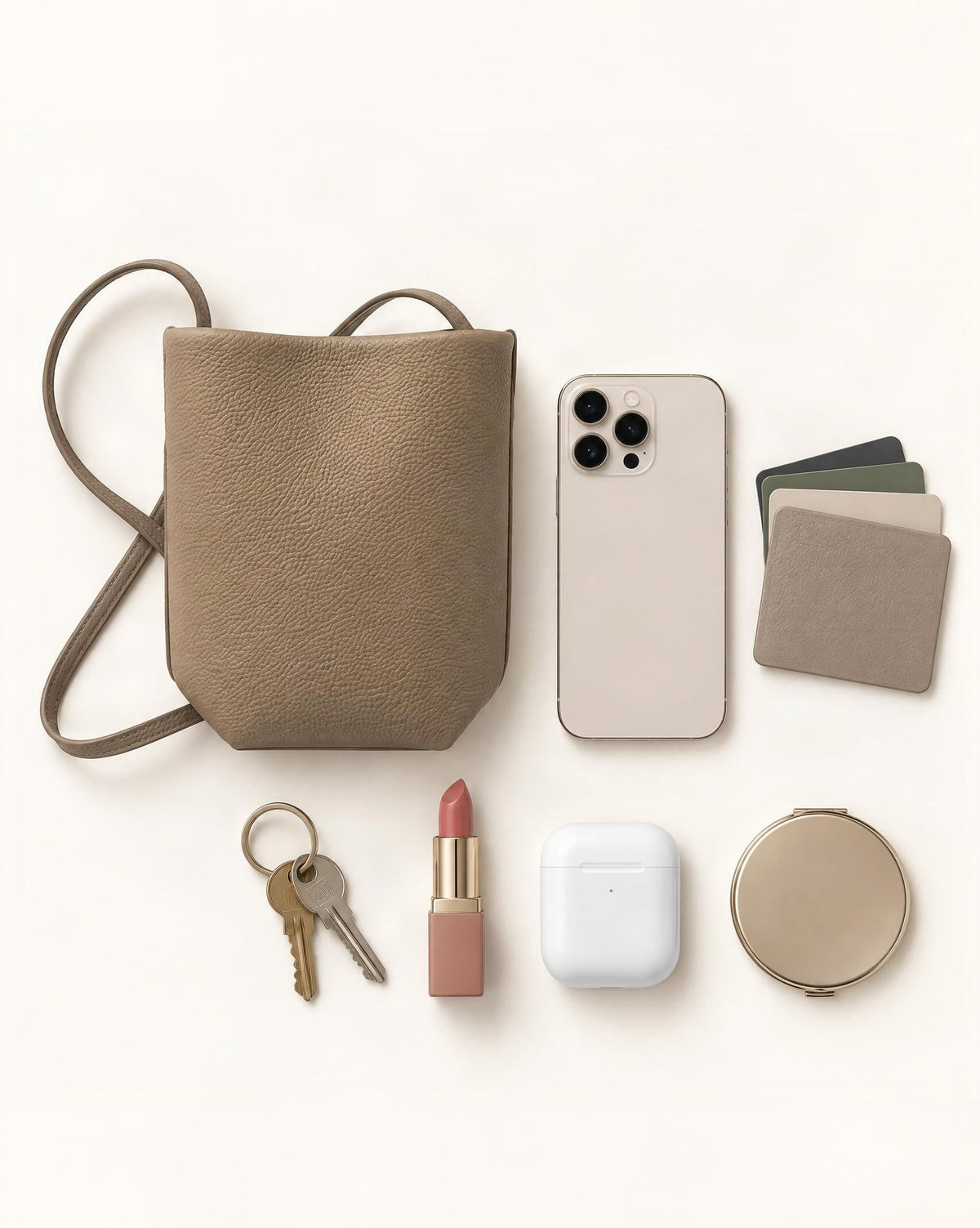 What fits in the Top-Grain Cowhide Mini Bucket Crossbody Bag – Color Options: smartphone up to 6.9 in, cards, keys, a lipstick, airpods in their case, a compact mirror