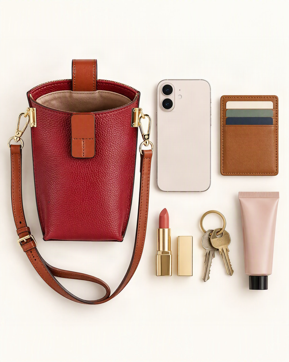 What fits in the Cowhide Micro Crossbody Phone Bag: a 6.3-inch phone (iphone 16), cards, a lipstick, keys, a 50 ml hand cream