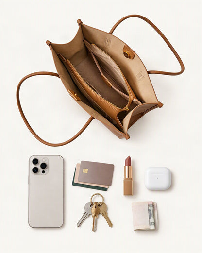 What fits in the Soft Cowhide Leather Tote Bag, Spacious Shoulder Handbag: smartphone up to 6.9 in, cards, keys, a lipstick, airpods in their case, a few banknotes folded over into a small stack, no complete flat bill face showing