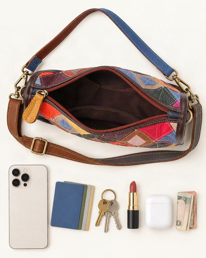 What fits in the Top-Grain Cowhide Geometric Patchwork Shoulder Bag: smartphone up to 6.9 in, cards, keys, a lipstick, airpods in their case, a few banknotes folded over into a small stack, no complete flat bill face showing