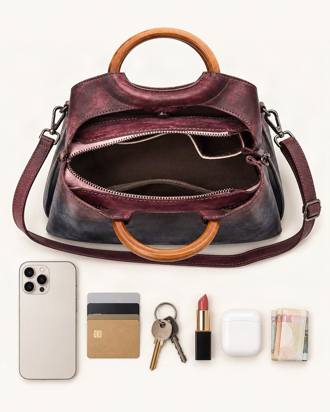 What fits in the Top-Grain Cowhide Small Plus Top-Handle Crossbody Bag: smartphone up to 6.9 in, cards, keys, a lipstick, airpods in their case, a few banknotes folded over into a small stack, no complete flat bill face showing