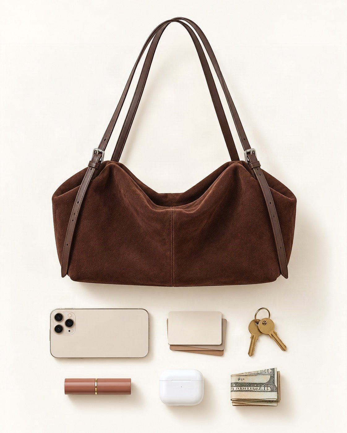 What fits in the Suede Cowhide Zip Shoulder Tote Bag: a 6.9-inch phone (iPhone 16 Pro Max), cards, keys, a lipstick, AirPods in their case, folded notes
