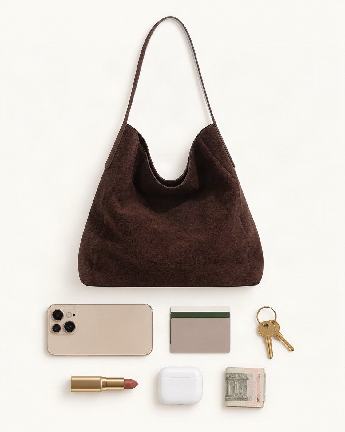 What fits in the Suede Cowhide Slouchy Shoulder Tote Bag: a 6.9-inch phone (iPhone 16 Pro Max), cards, keys, a lipstick, AirPods in their case, folded notes