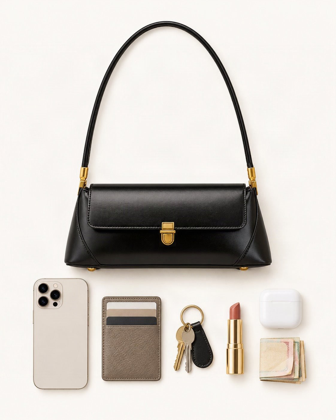What fits in the Cowhide Leather Small Plus Baguette Shoulder Bag: smartphone up to 6.9 in, cards, keys, a lipstick, airpods in their case, a few banknotes folded over into a small stack, no complete flat bill face showing